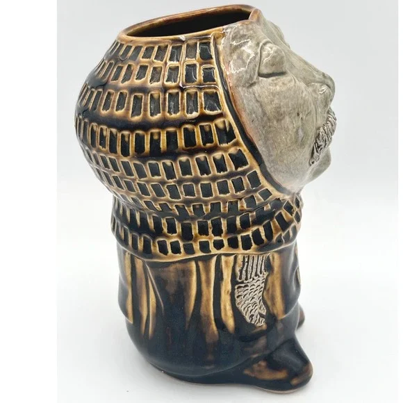 Unique Ceramic Face Planter vase signed Mustache Monk Knight Robe Textured Glaze